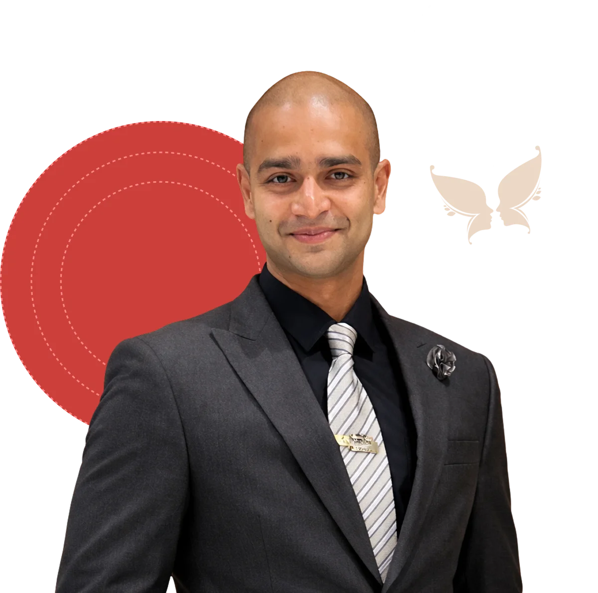 Portrait of male cosmetic surgeon in formal suit against a graphic background.