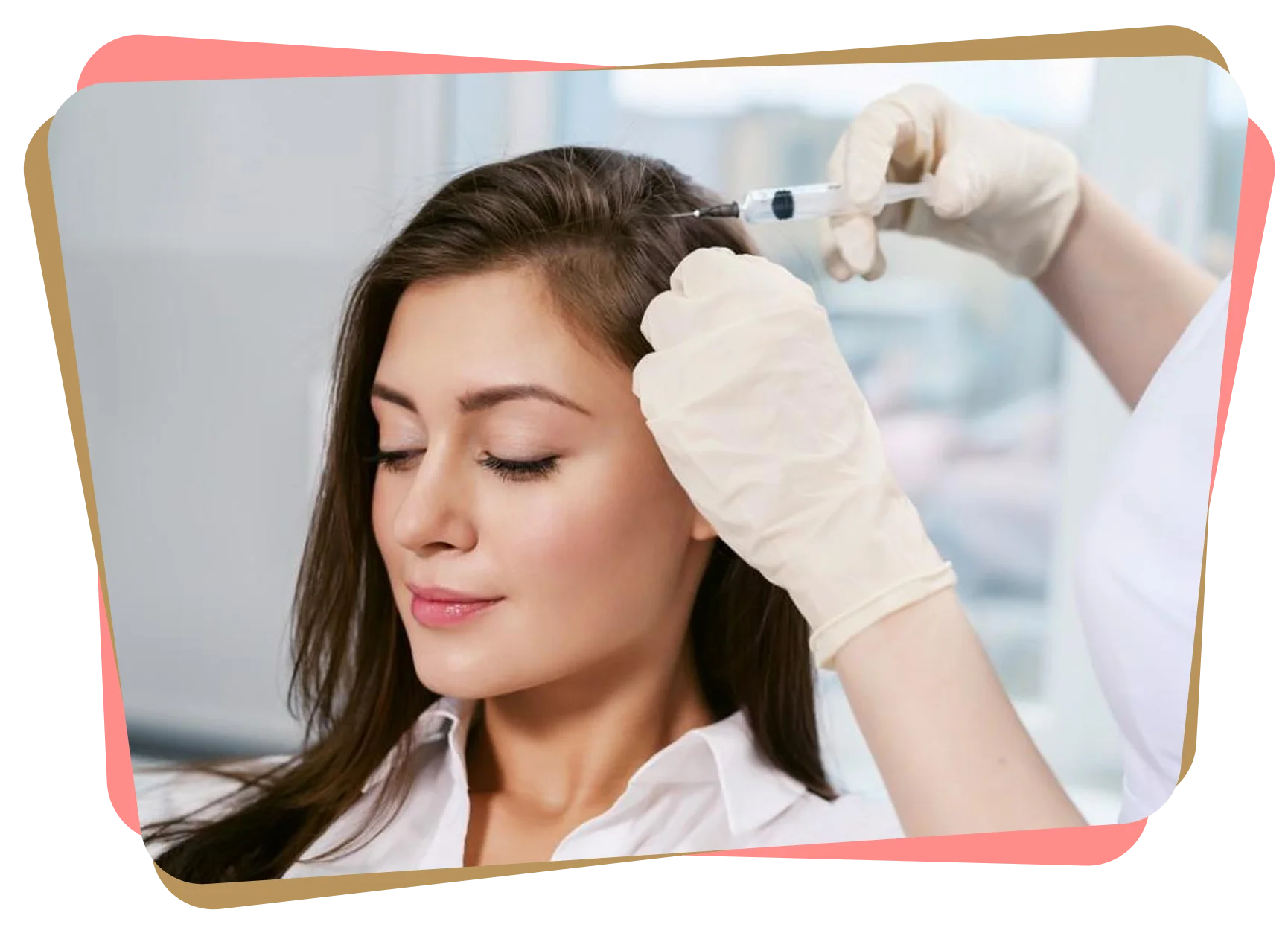Woman receiving scalp injection treatment for hair restoration while a clinician wearing gloves administers the procedure.